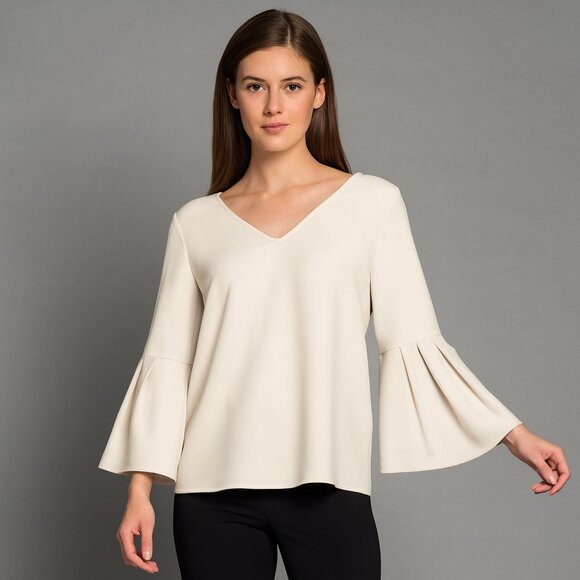 Ann Taylor Medium Petite White V-Neck Blouse Flowy Bell Sleeves Stretch Top Prep - Picture 1 of 9